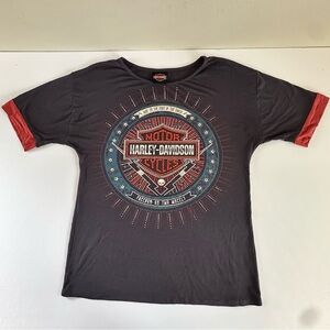 Harley Davidson Blue Graphic Tee Rhinestones Red Cuff Sleeves Size Medium‎ Biker